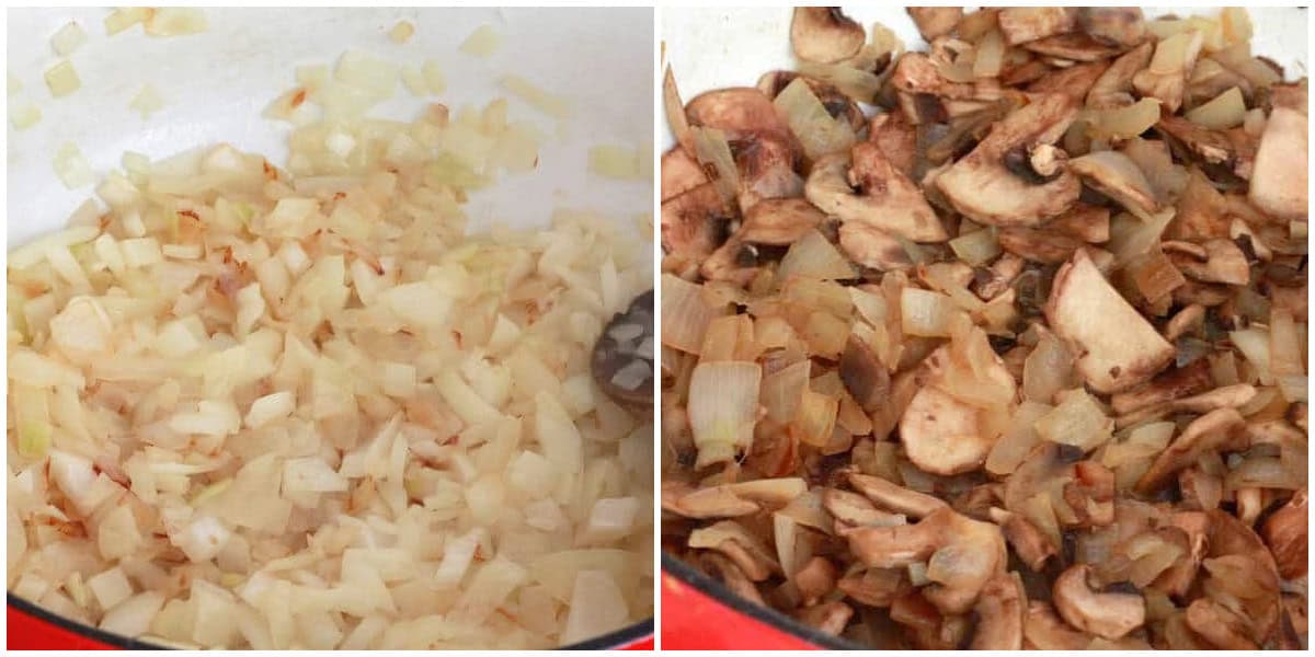 cooking onions garlic and mushrooms in pot