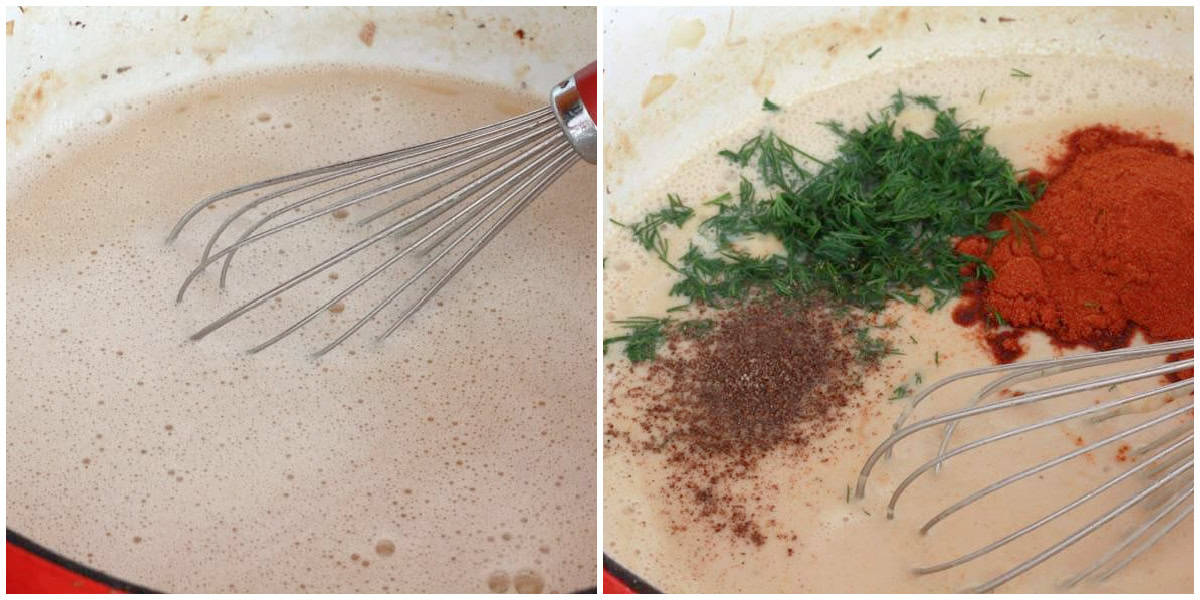 adding broth and spices