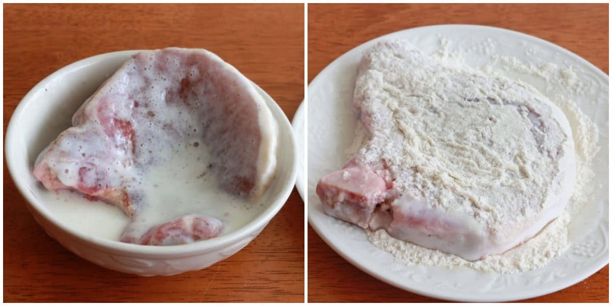 dredging the pork chops in milk and flour