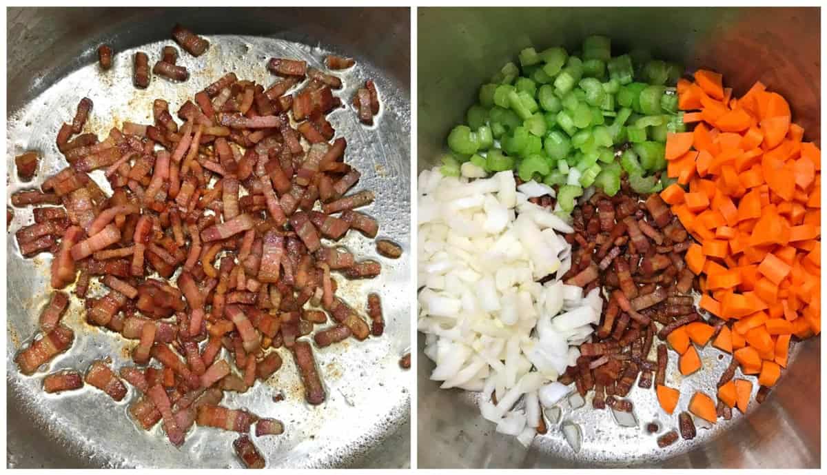 frying bacon onions carrots and celery
