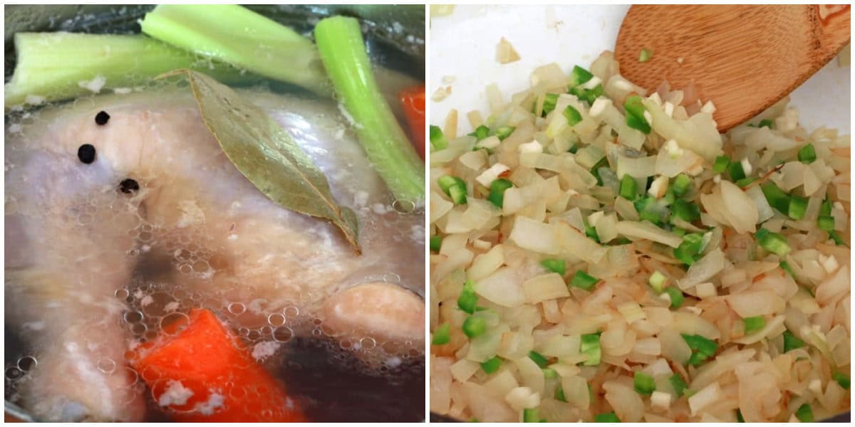 making broth and cooking onions and peppers