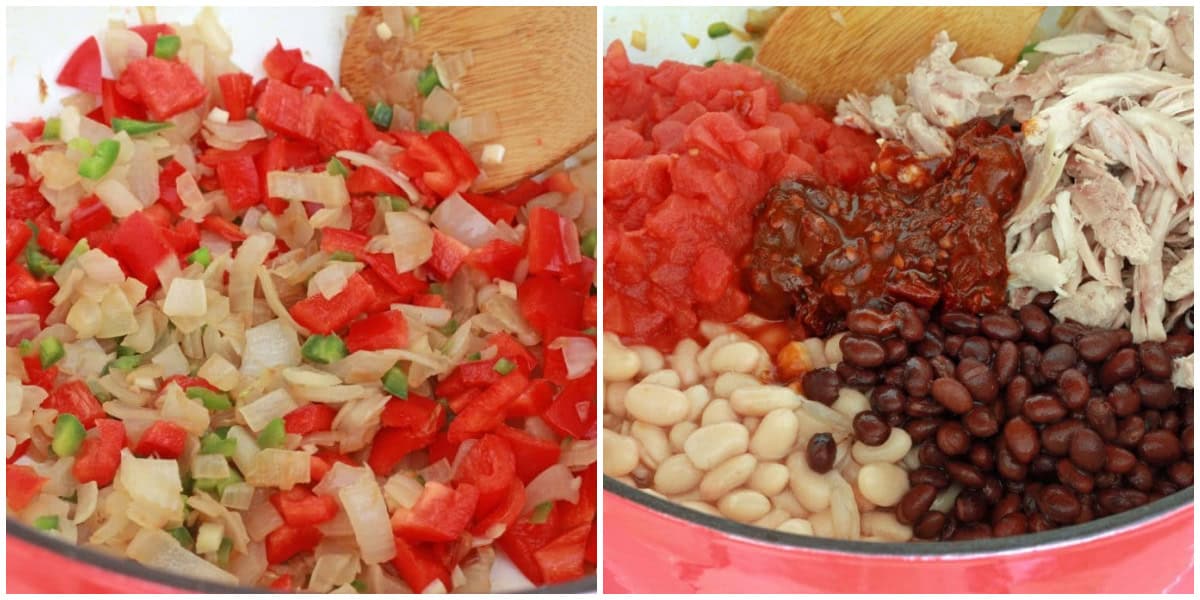 adding peppers beans and chipotles