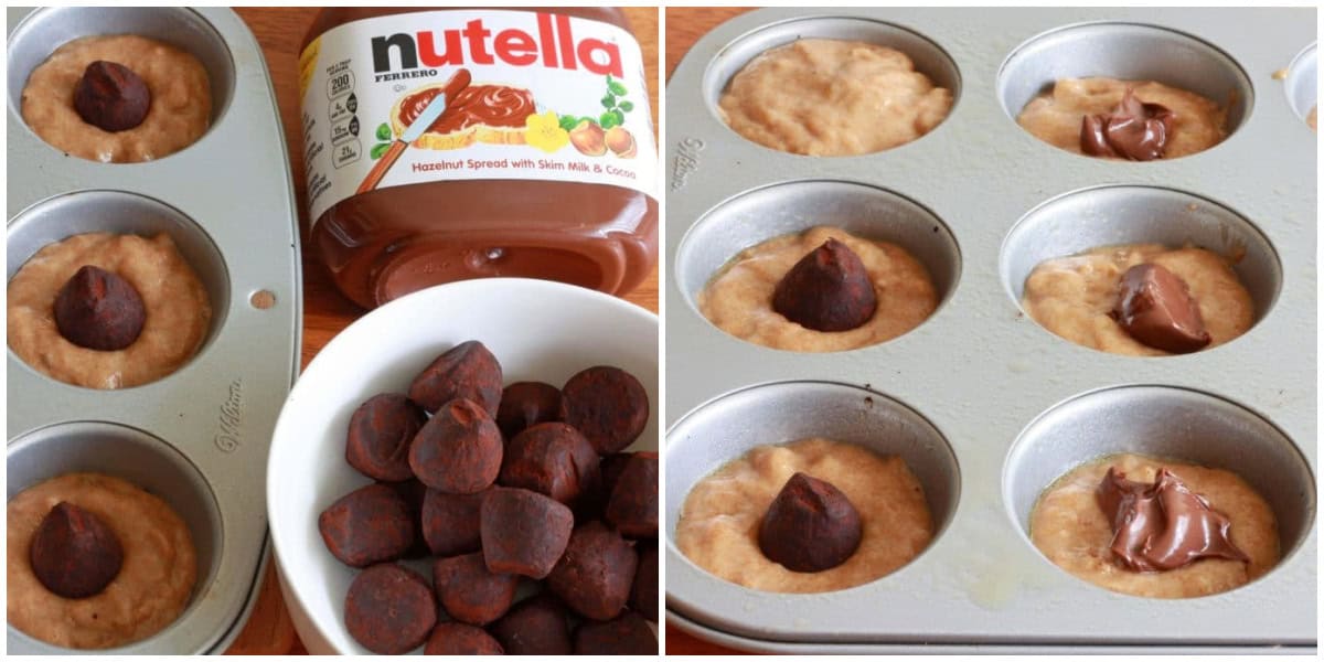 spooning batter into muffin pan and adding chocolate