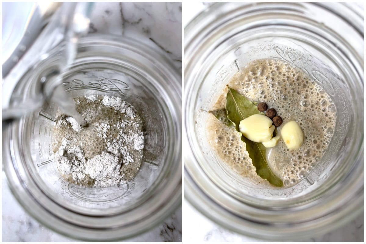 placing flour water garlic and herbs in a glass mason jar