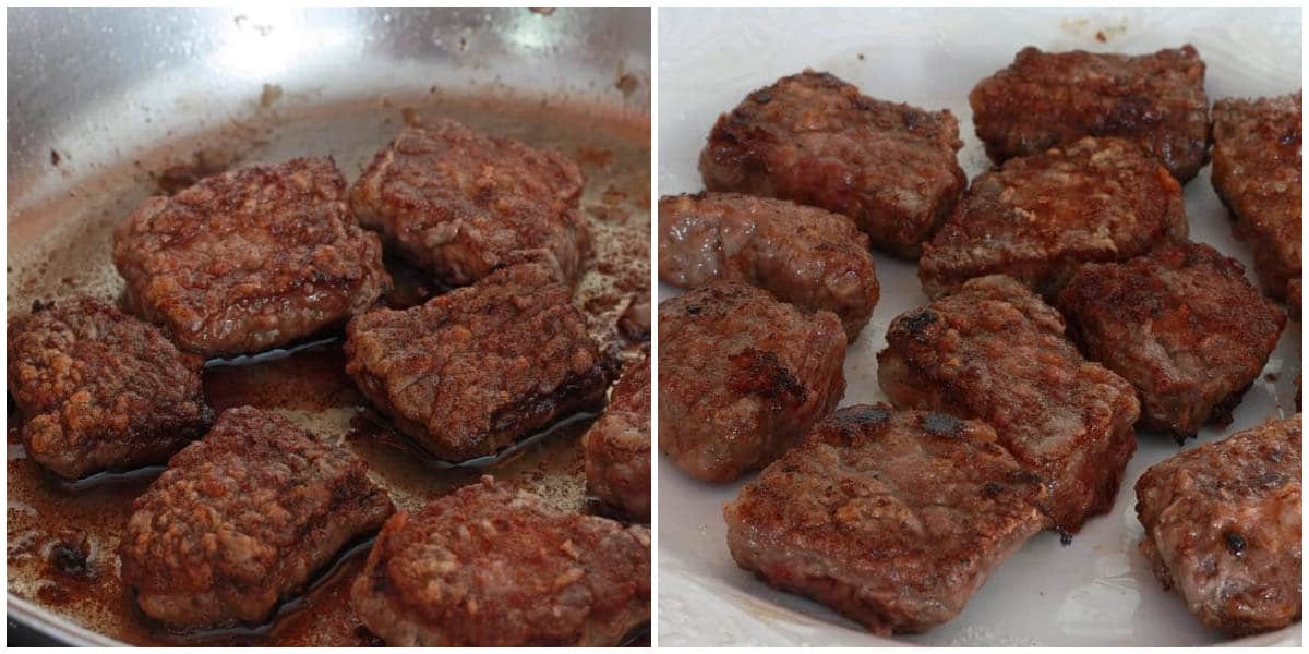 frying the beef in a skillet