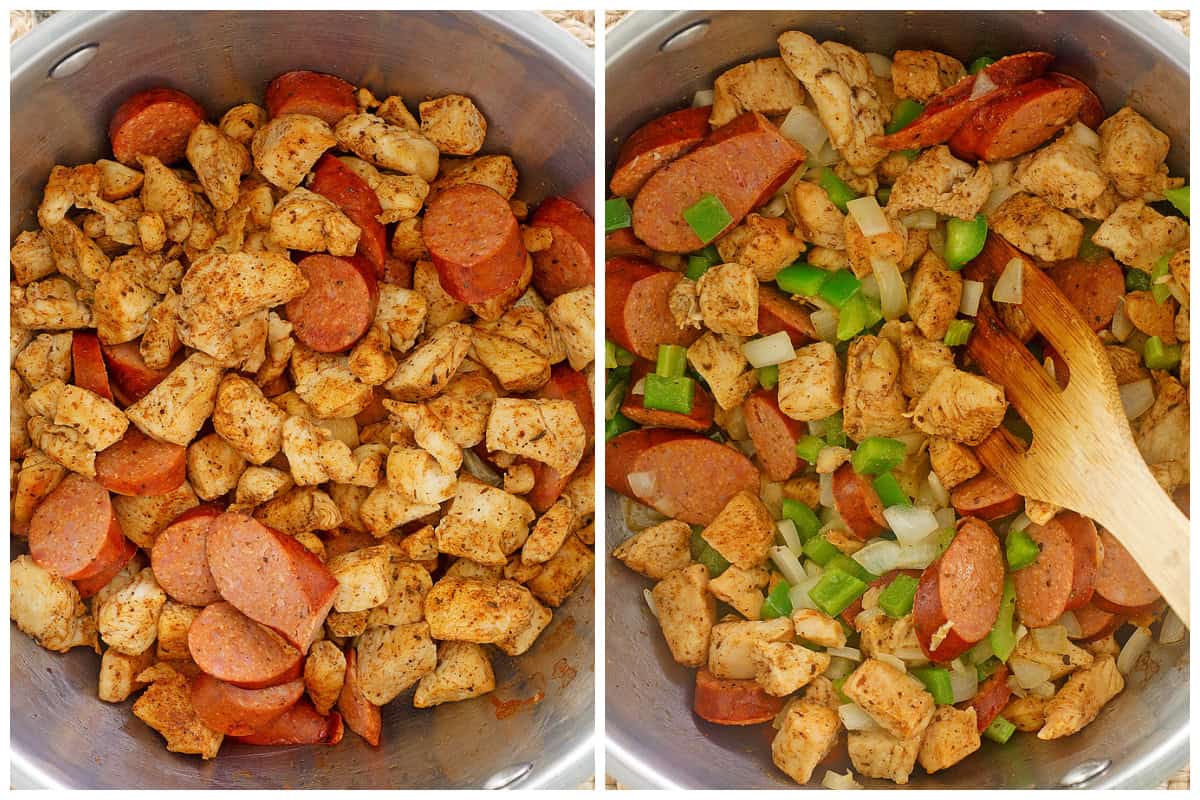 adding chicken andouille sausage bell peppers and onions to pot