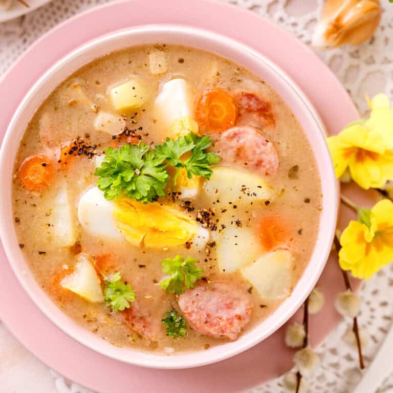 zurek recipe traditional authentic polish sour rye soup zakwas zytni fermented kielbasa sausage potatoes bacon eggs