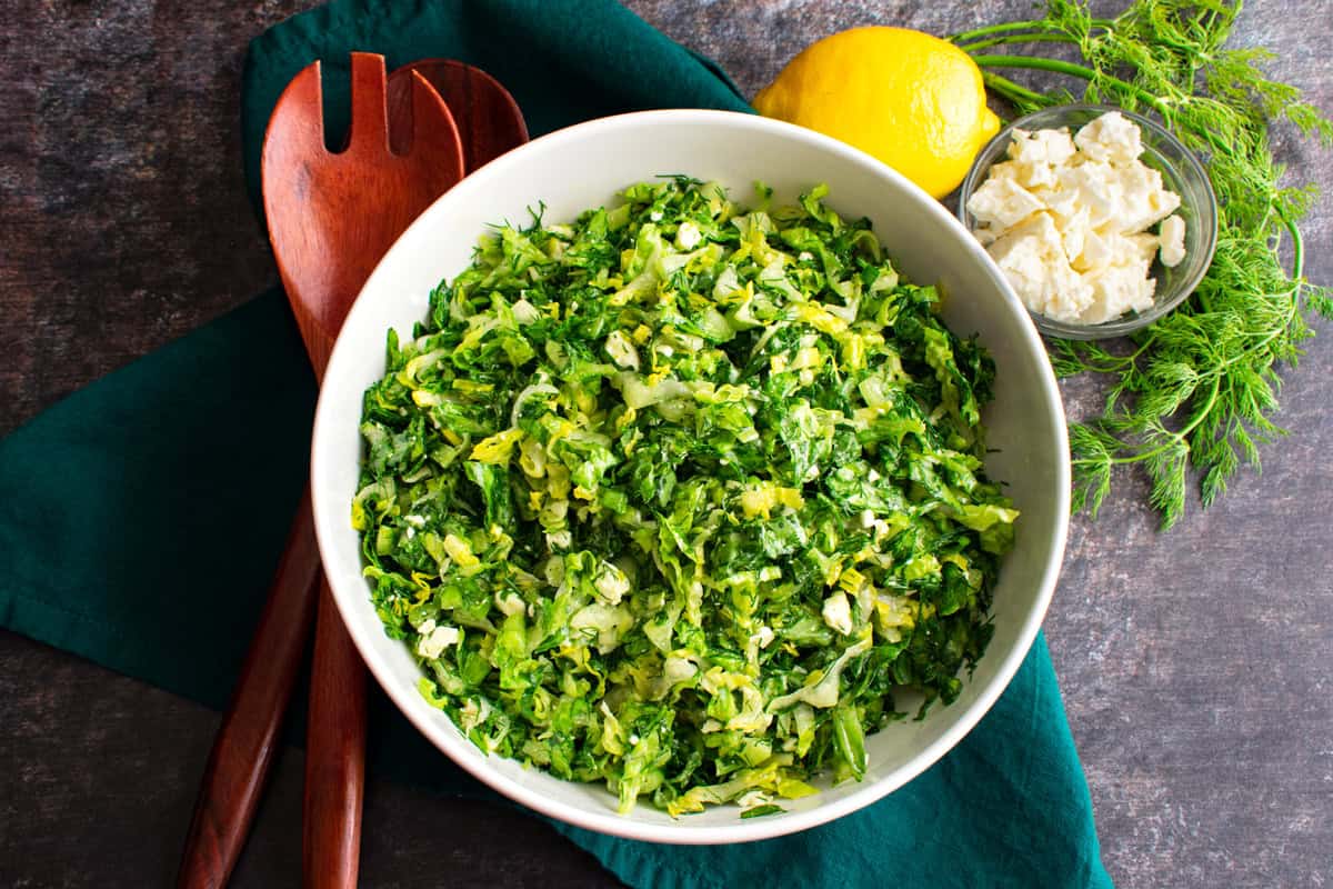 maroulosalata recipe traditional authentic Greek lettuce salad romaine feta dill lemon vinaigrette