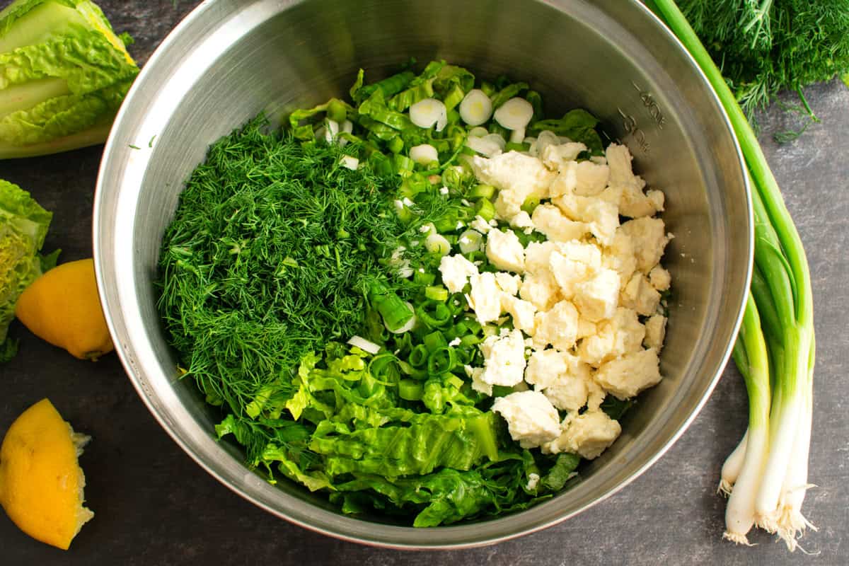 maroulosalata recipe traditional authentic Greek lettuce salad romaine feta dill lemon vinaigrette