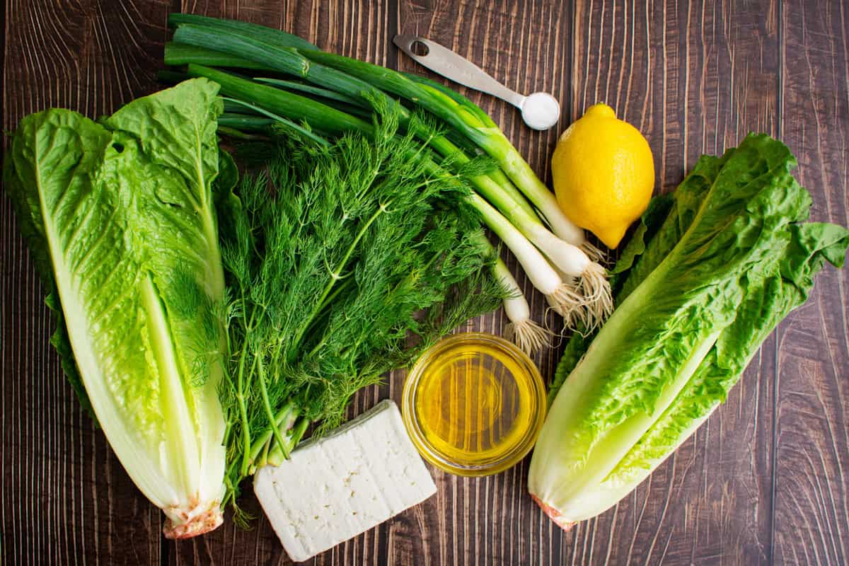 maroulosalata ingredients romaine lettuce dill green onions feta cheese lemon olive oil