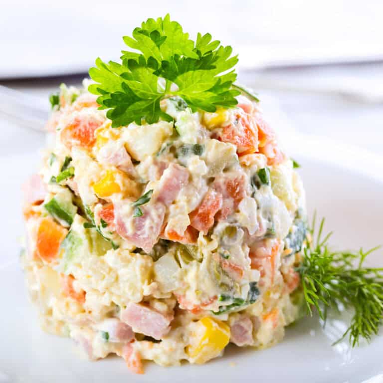 olivier salad recipe russian authentic traditional old fashioned olivye ham cucumbers peas peppers