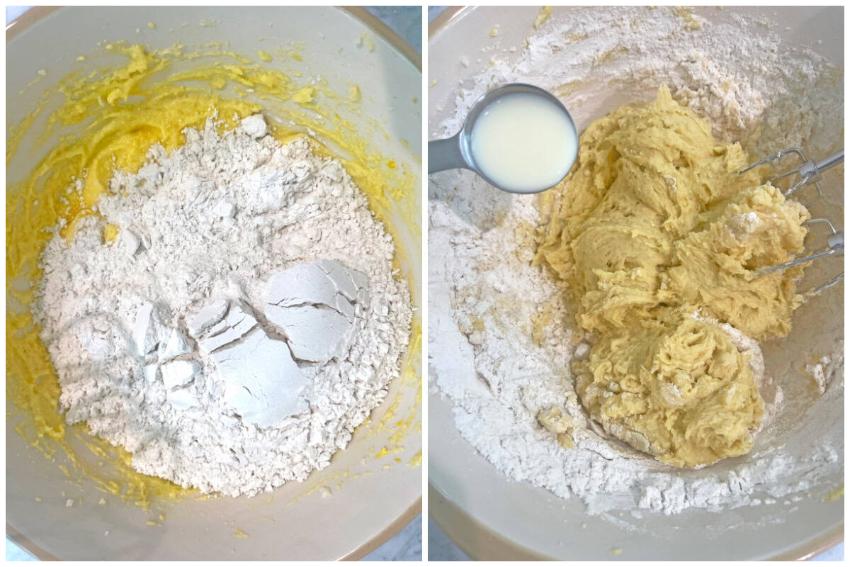 adding dry ingredients and milk
