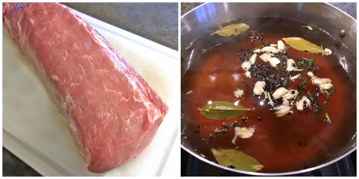 trimming pork loin and making the brine