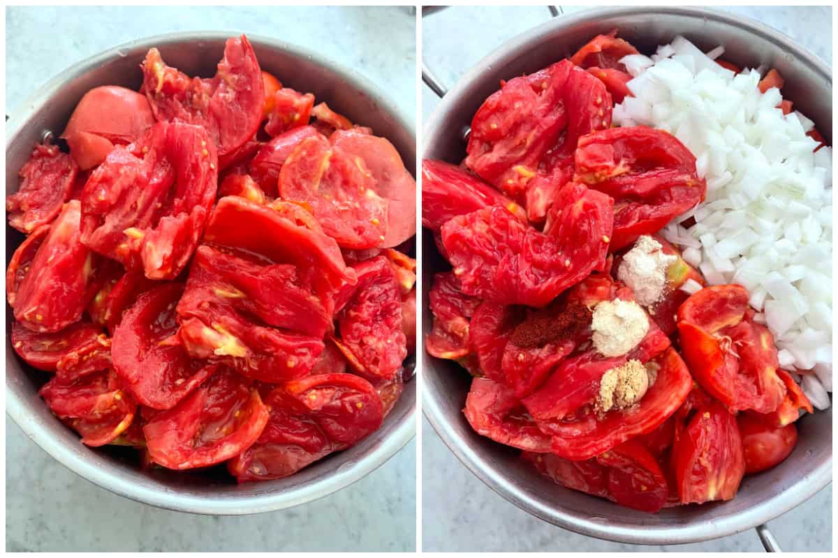 putting tomatoes onions and spices in large pot