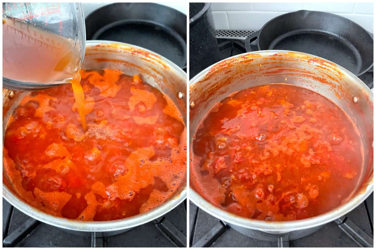 adding spiced vinegar to pot of tomatoes