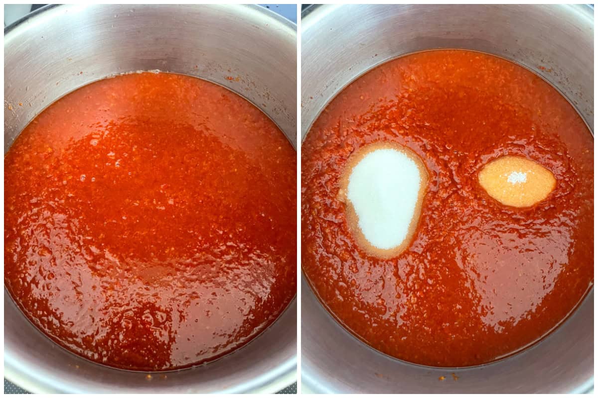 adding sugar and salt to tomato puree