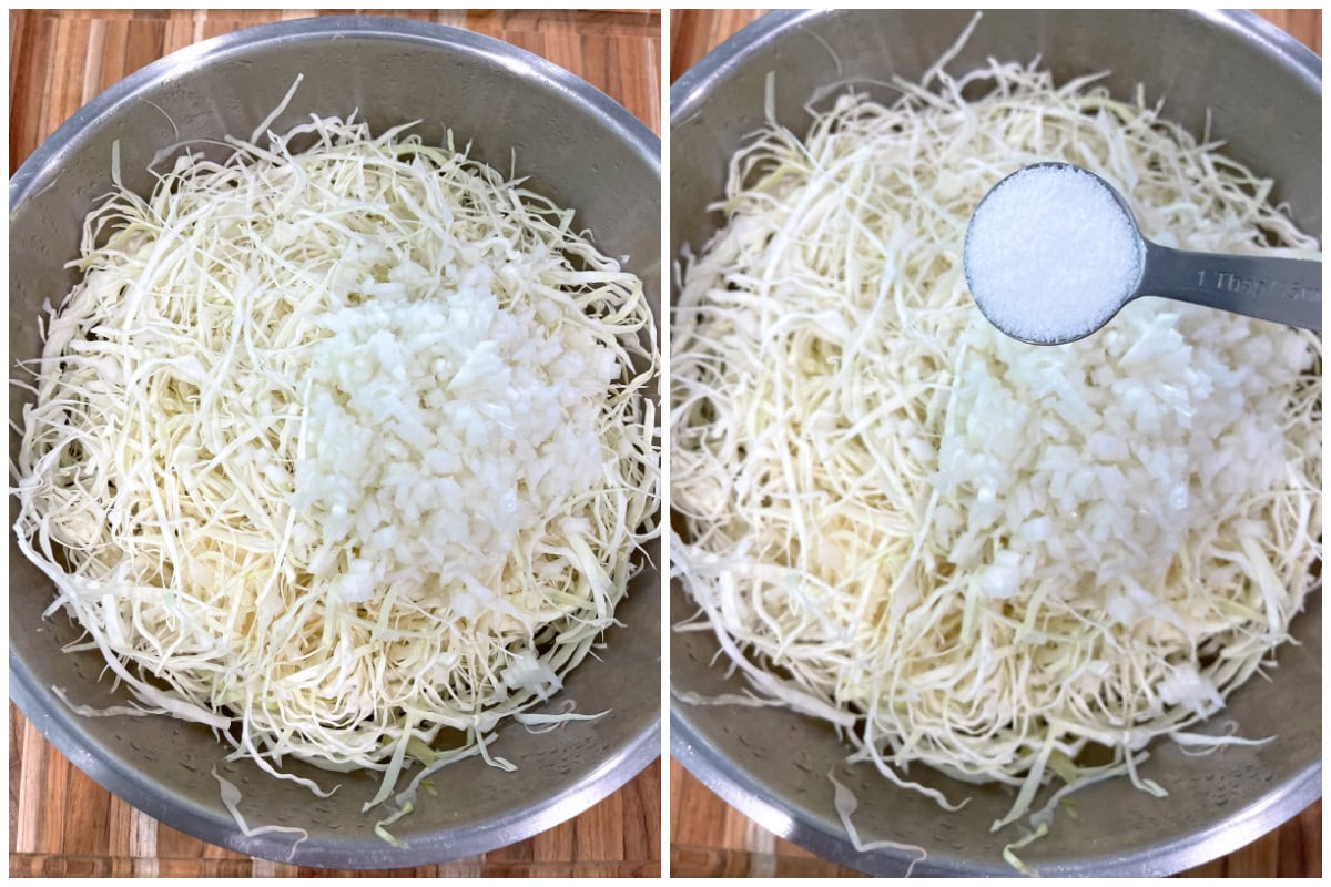 adding onion and salting the cabbage