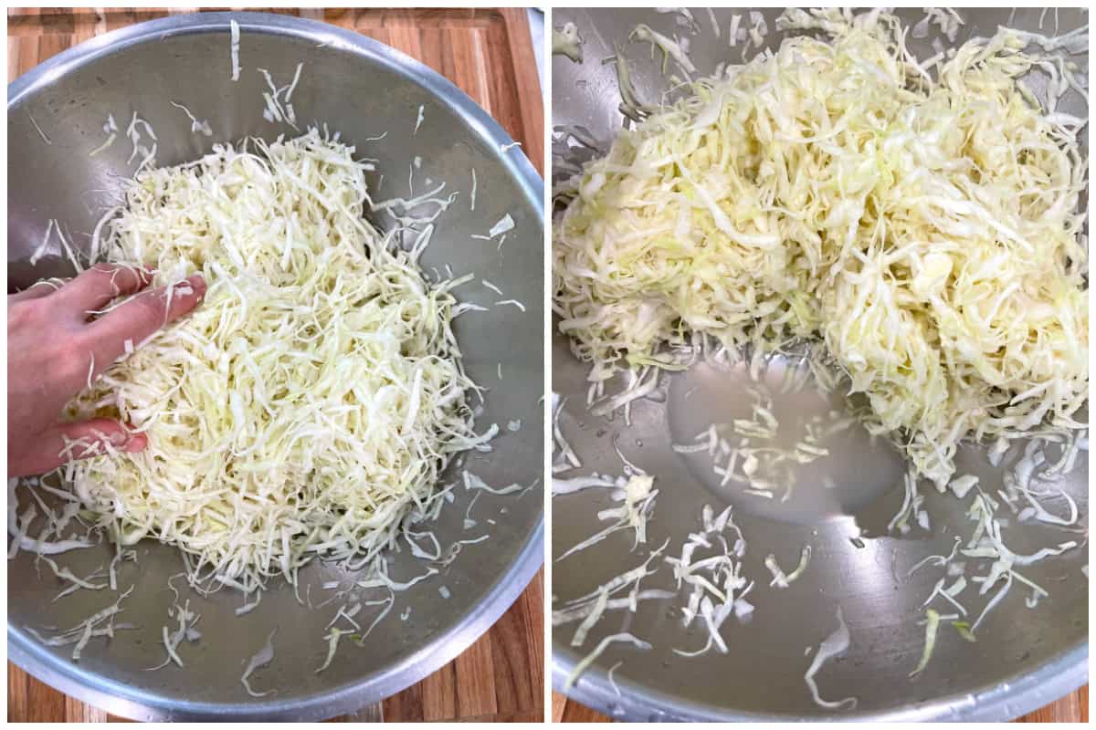 massaging the cabbage with hands