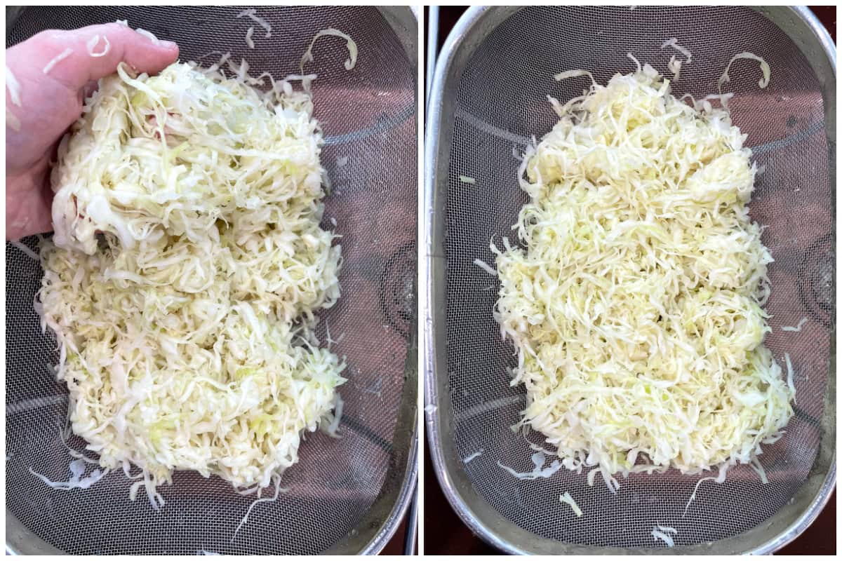 squeezing and draining the cabbage
