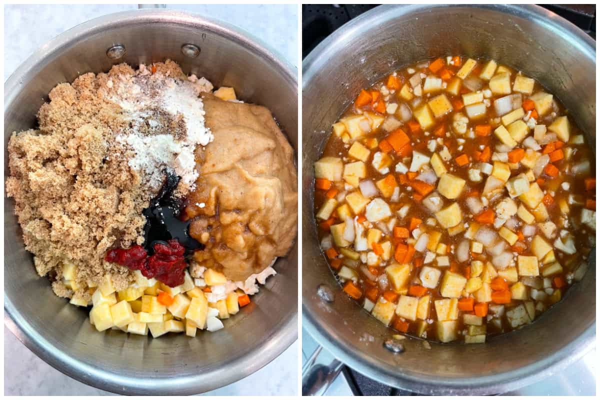 placing all ingredients in a pot and bring to a simmer