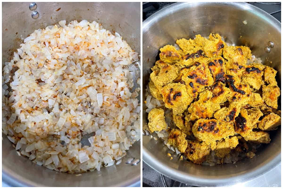 cooking the onions and adding the grilled chicken