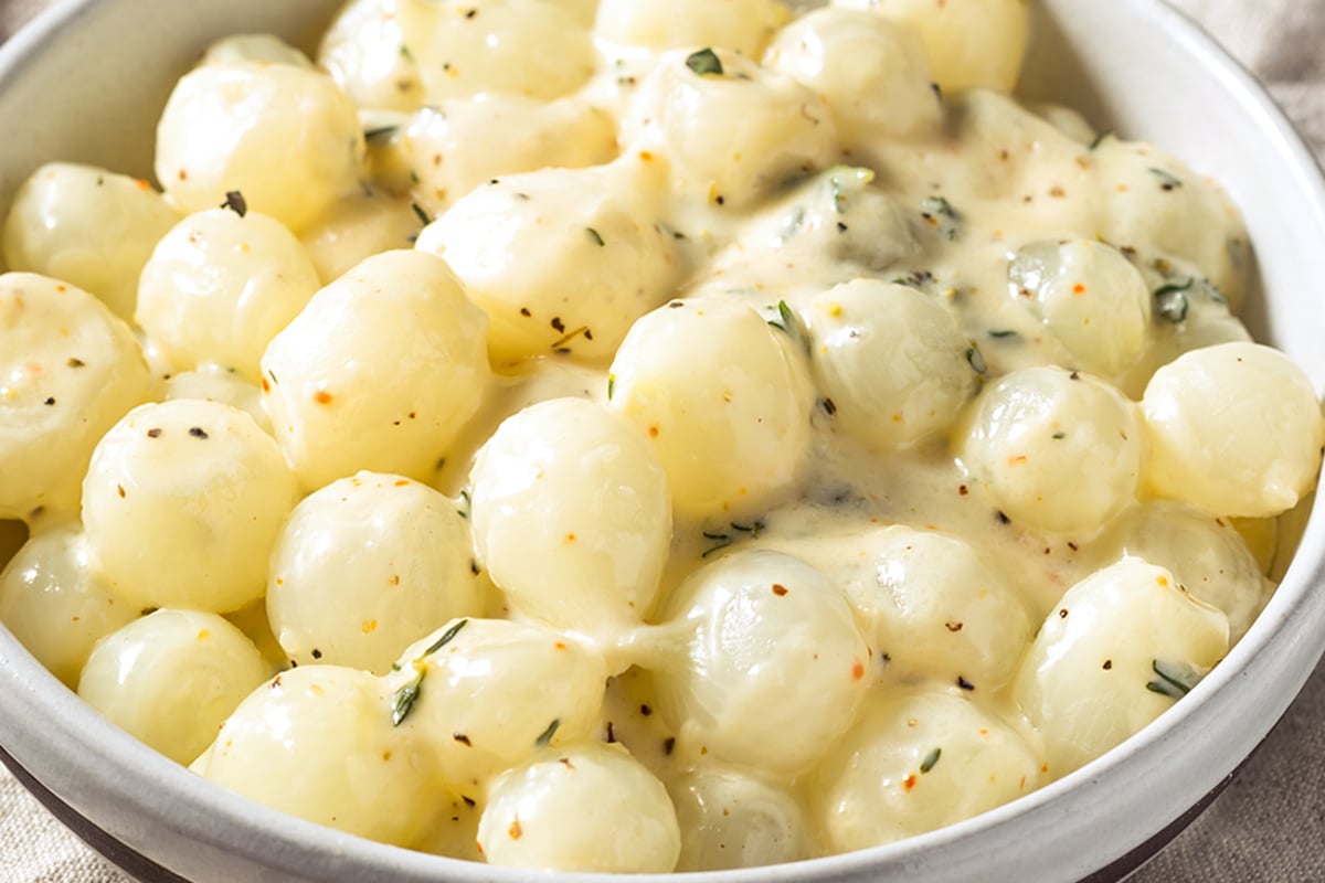 creamed onions recipe pearl white heavy cream herbs thyme sage cheese easy best elegant gourmet