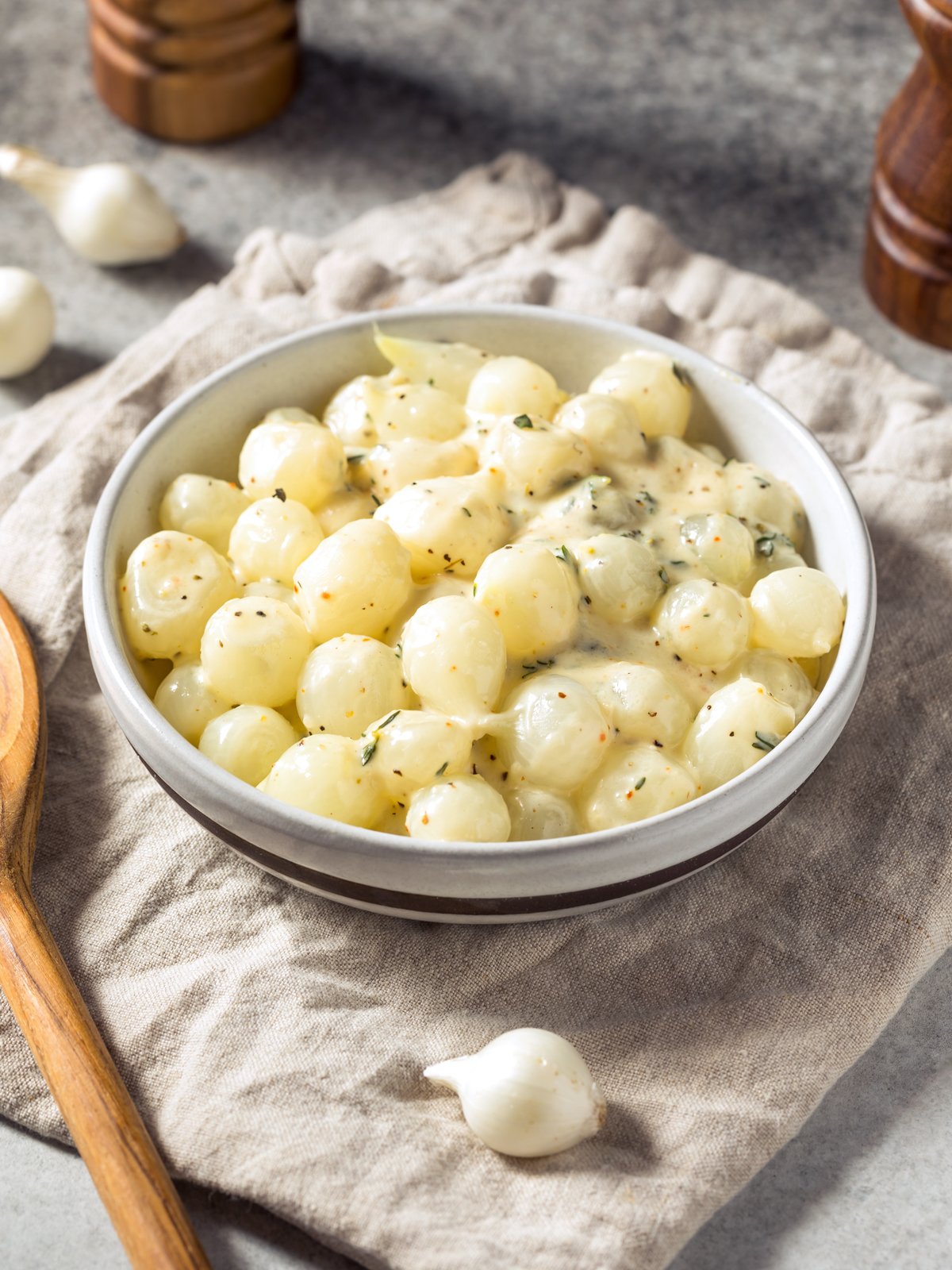 creamed onions recipe pearl white heavy cream herbs thyme sage cheese easy best elegant gourmet