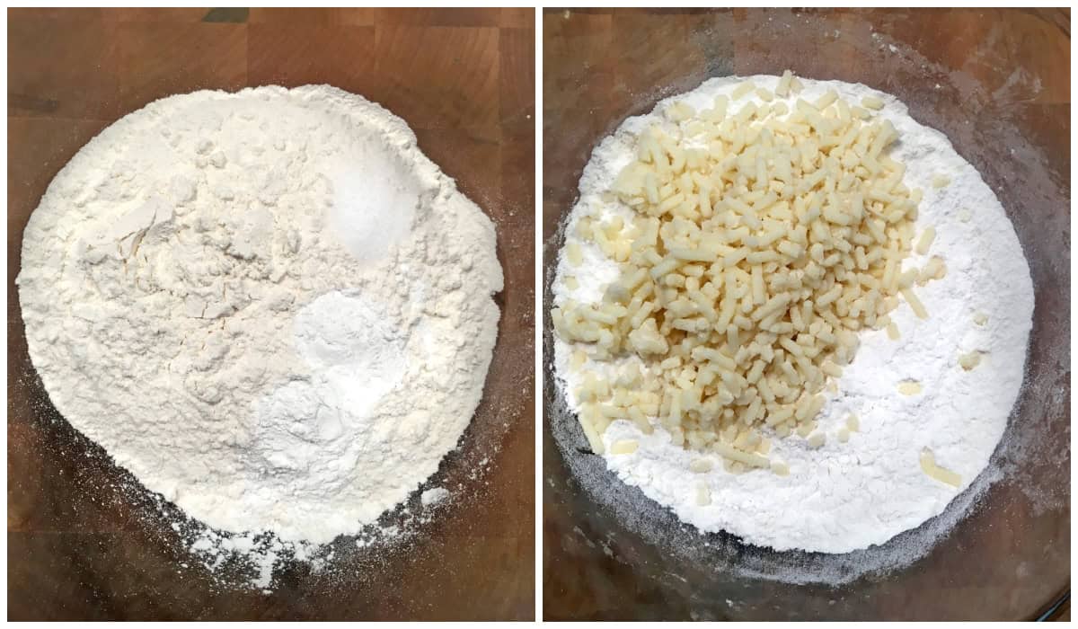adding dry ingredients in a mixing bowl