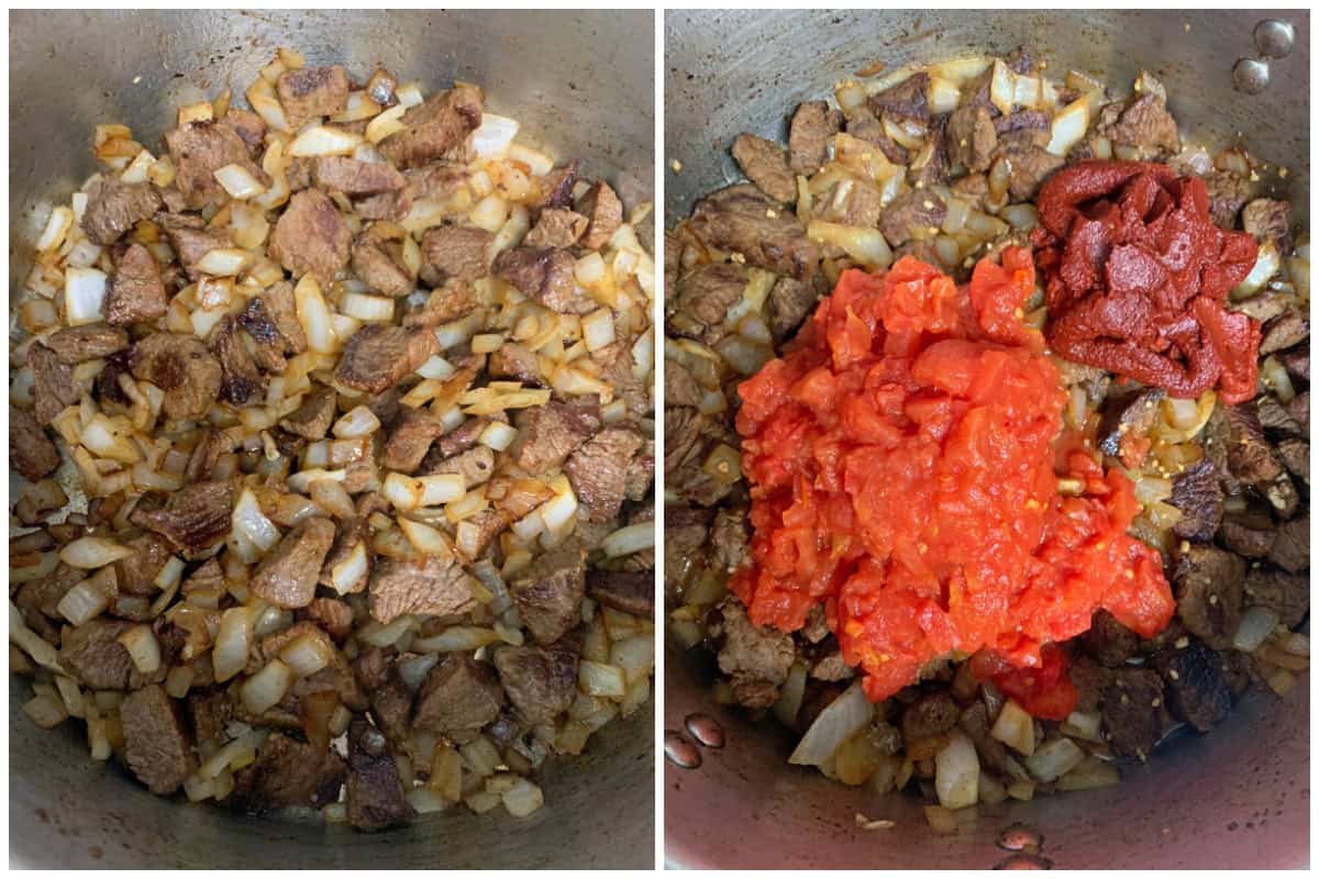 browning beef and onions and adding tomatoes