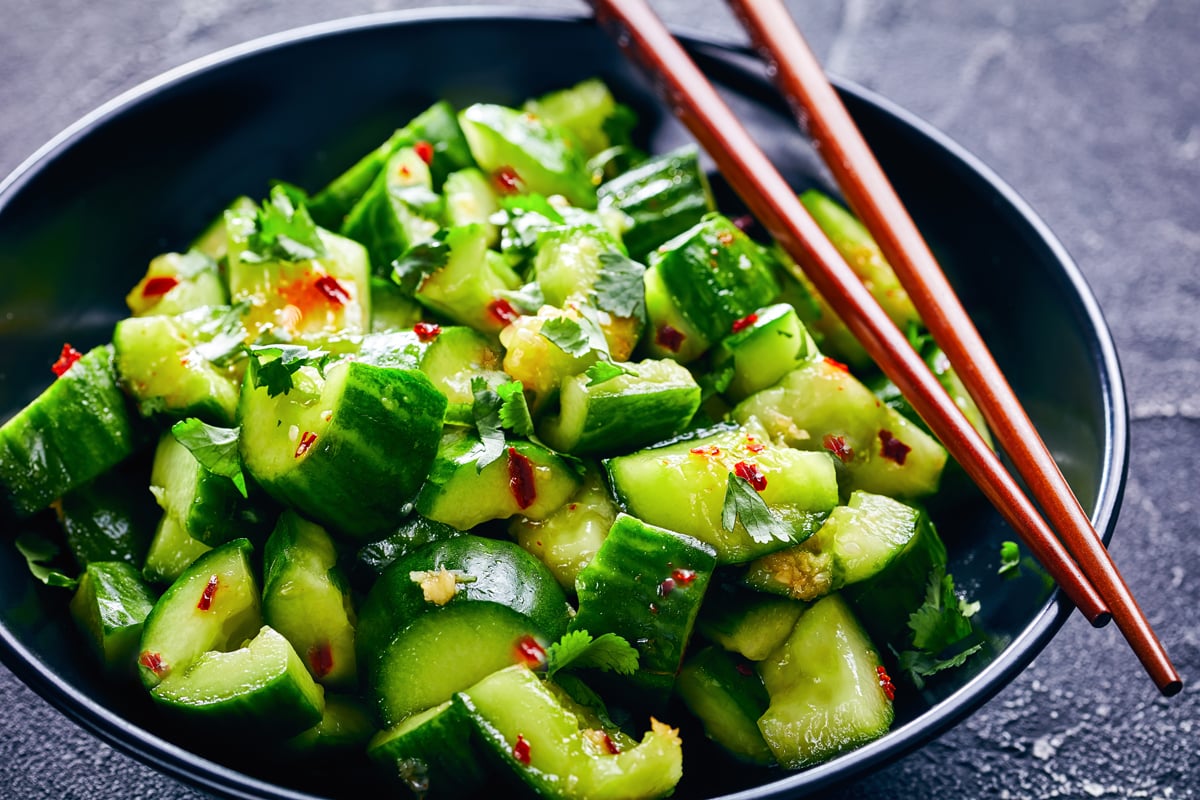 smashed cucumber salad recipe asian chinese traditional chili oil garlic sesame seeds cilantro restaurant style