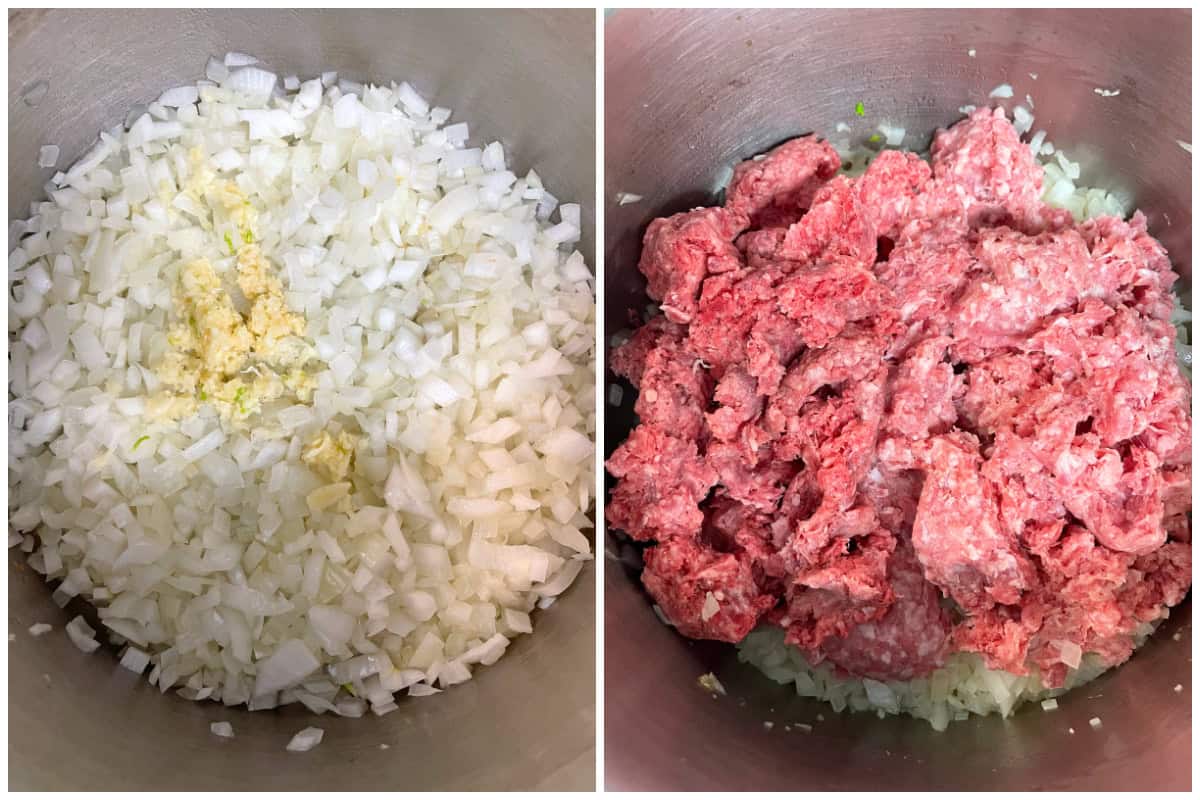 cooking onions garlic and meat