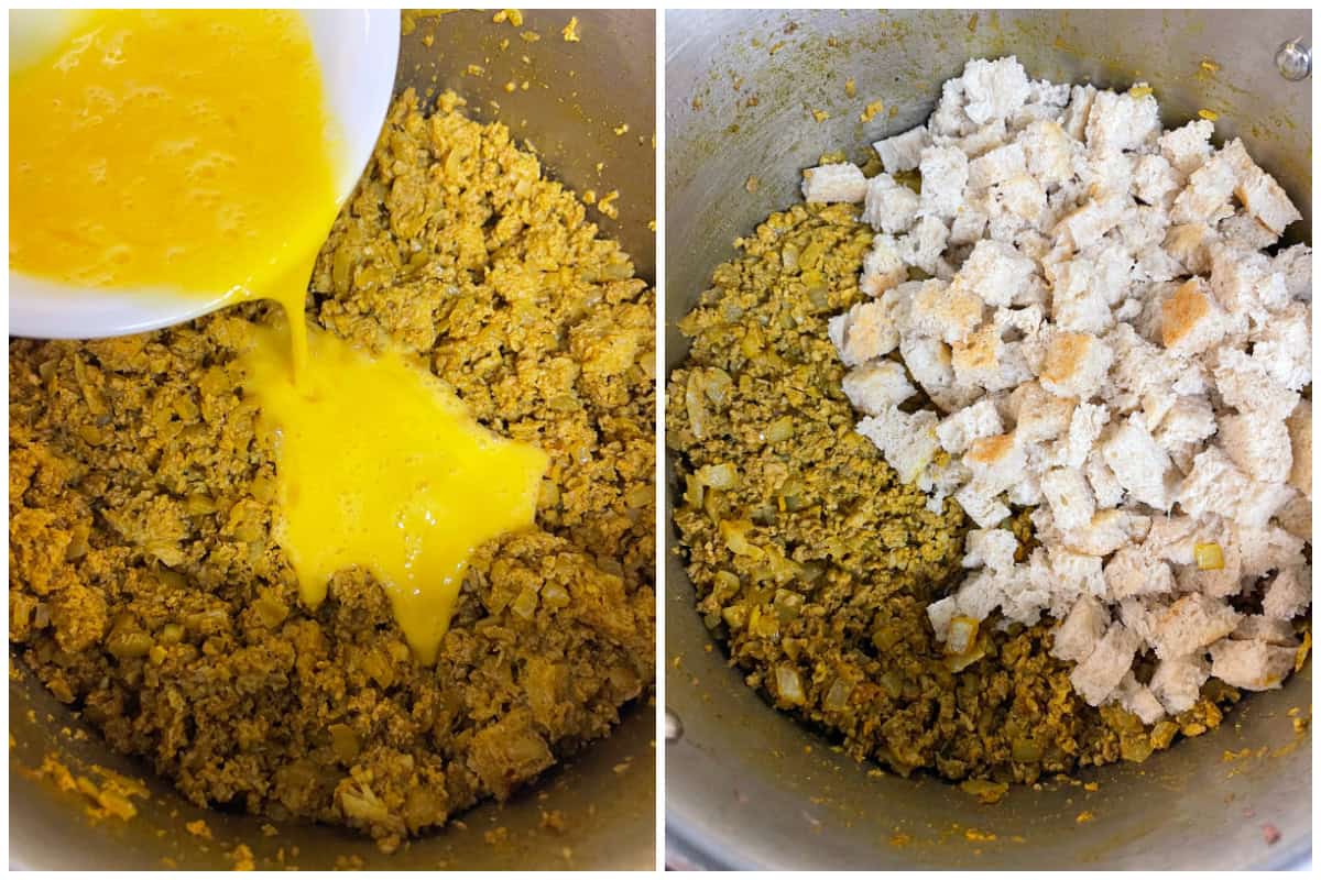 adding egg yolk and bread cubes