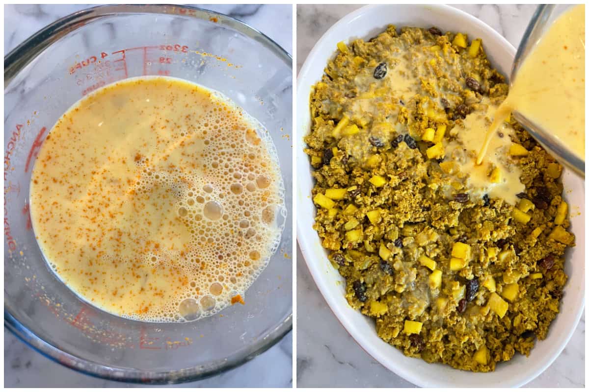 placing mixture in casserole dish and preparing the custard