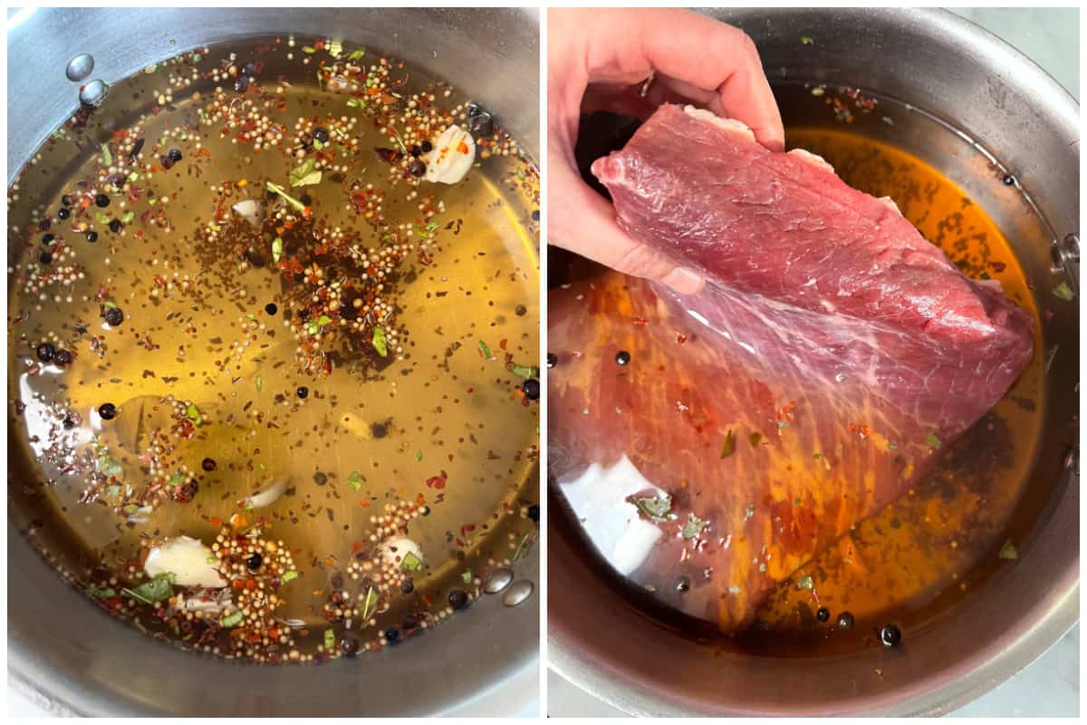 brining the corned beef in the pickling solution