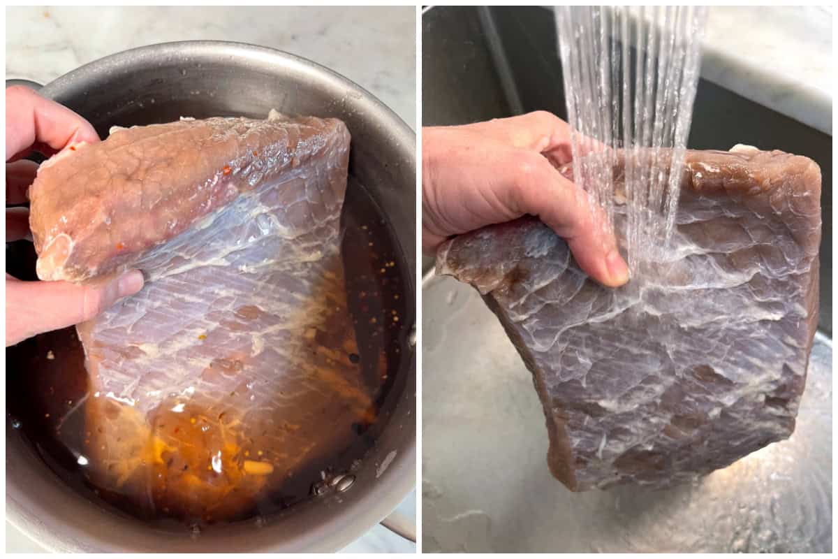 rinsing off the brined corned beef