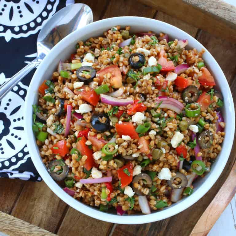 greek wheat berry salad recipe einkorn olives roasted red peppers red onions feta cheese