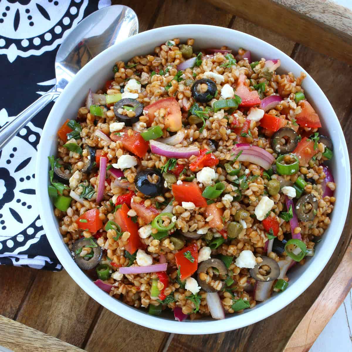 greek wheat berry salad recipe einkorn olives roasted red peppers red onions feta cheese
