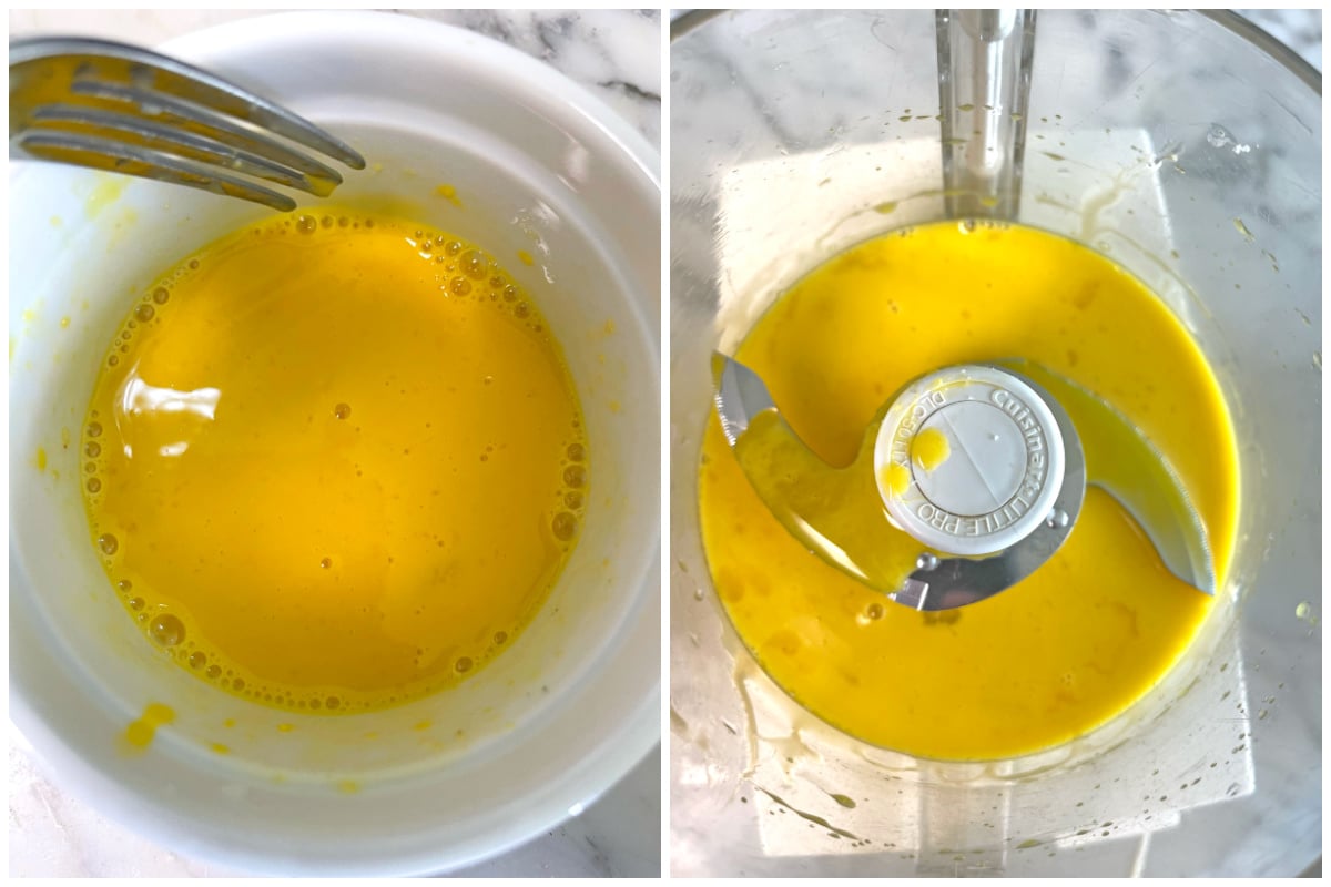 stirring together egg yolk and placing ingredients in food processor