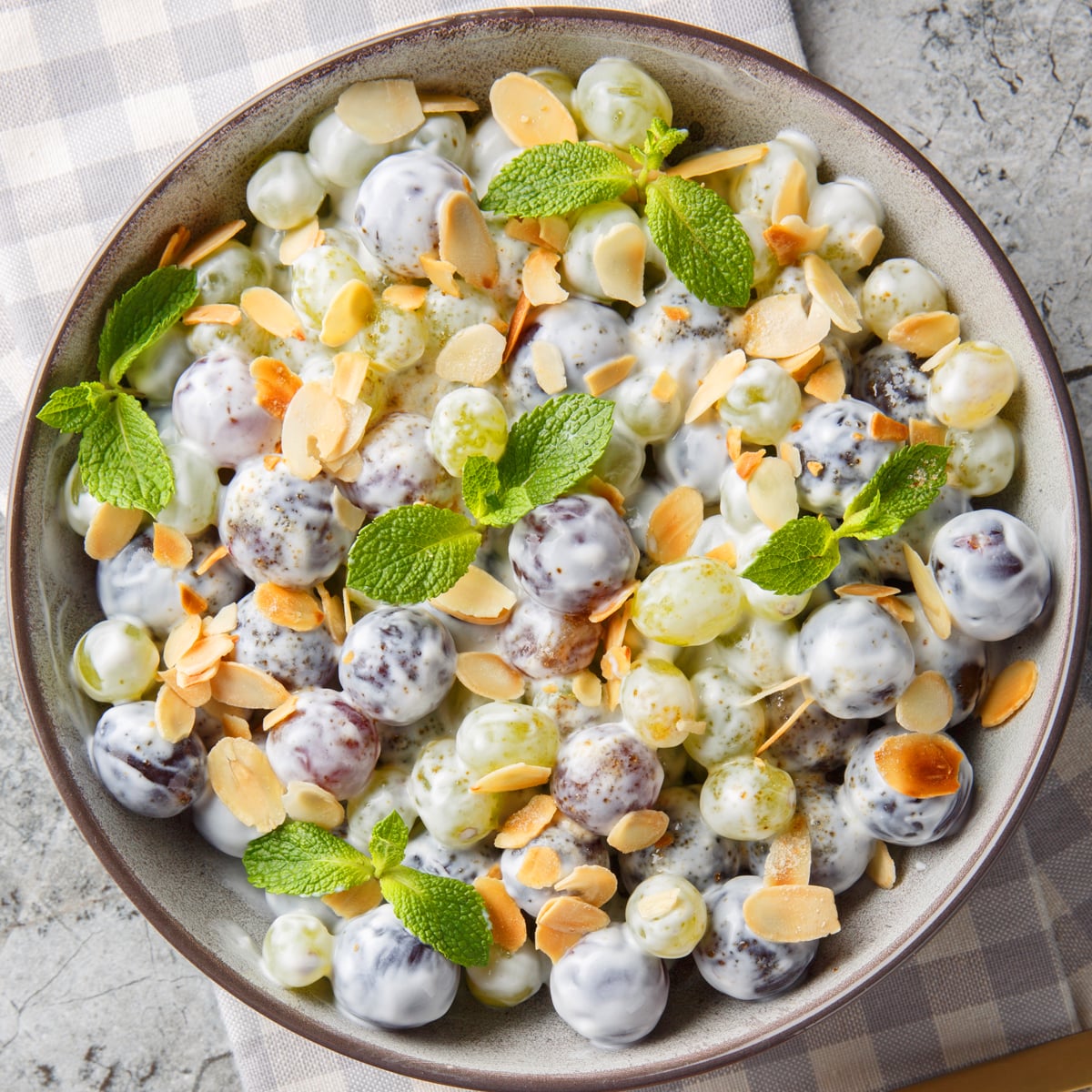 grape salad recipe best classic creamy easy sour cream cheese brown sugar vanilla almonds pecans walnuts nuts