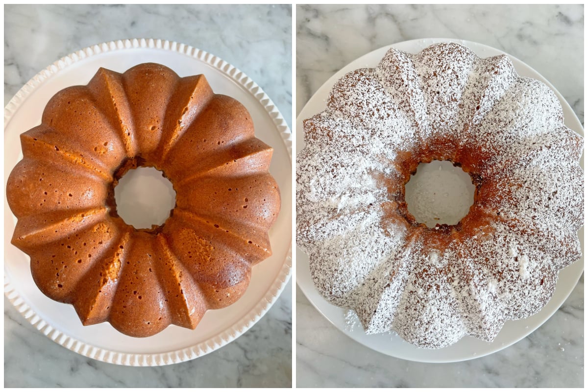 dusting german marble cake with powdered sugar