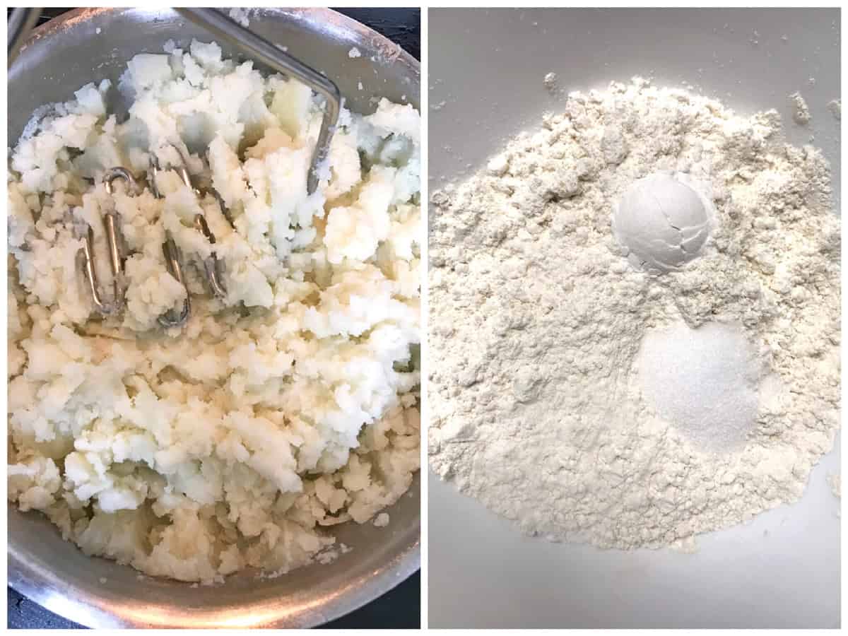 mashing potatoes and combining flour