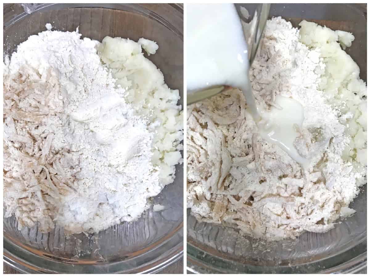 adding the flour mixture and buttermilk to the potatoes