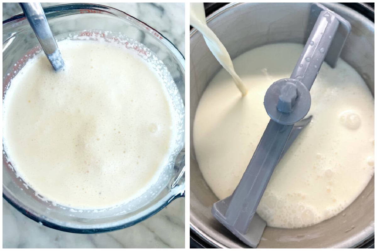 preparing the base and adding it to the ice cream maker
