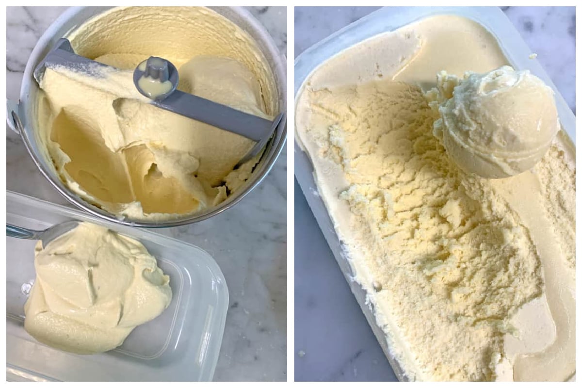 scooping the ice cream into a container for freezing