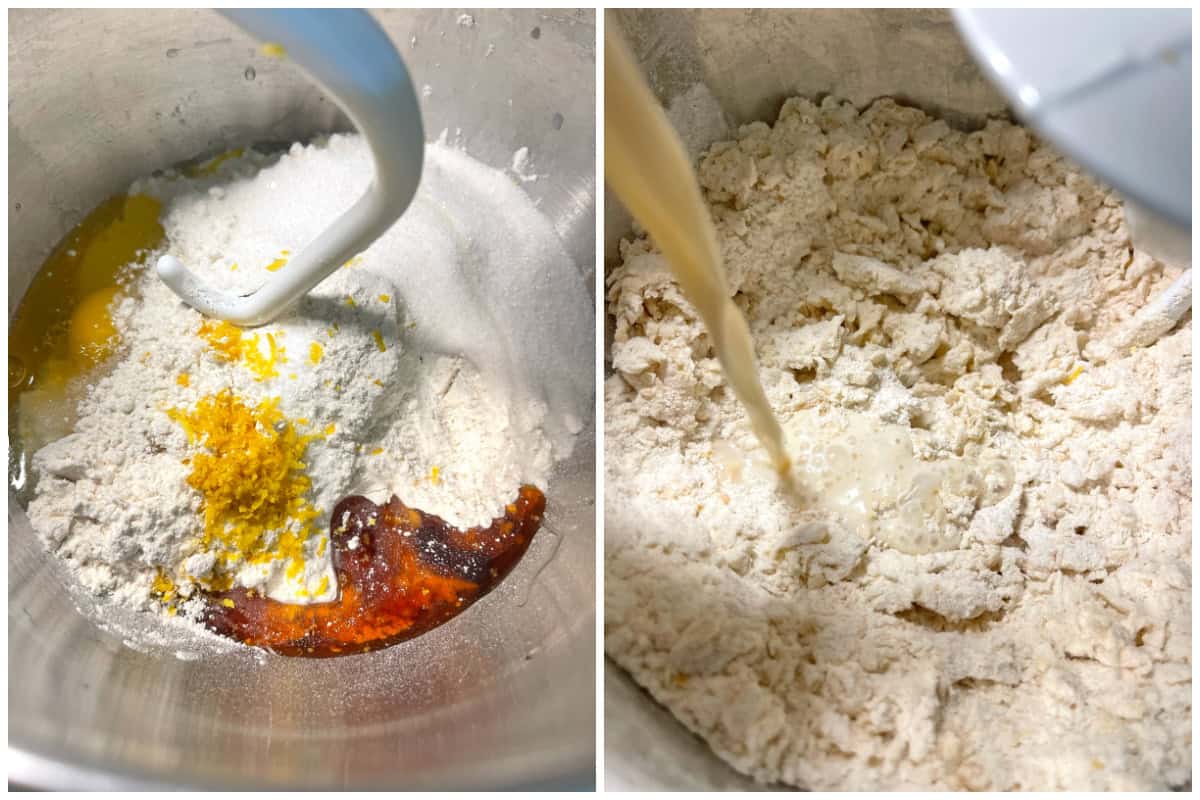 adding sugar, eggs, orange zest, honey and yeast mixture to flour