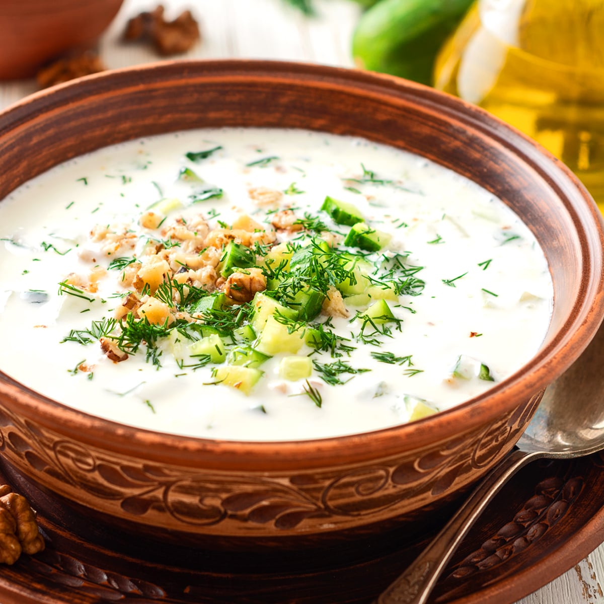 tarator recipe cold cucumber soup chilled bulgarian albanian balkan north macedonian traditional authentic dill walnuts mint yogurt no cooking easy