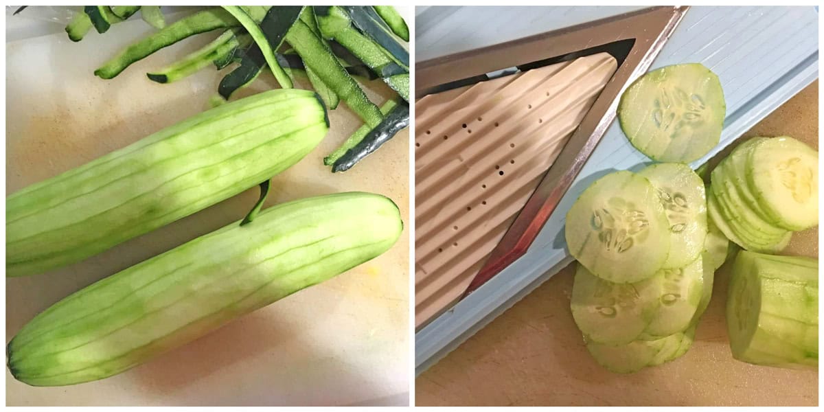 slicing the cucumbers on a mandolin