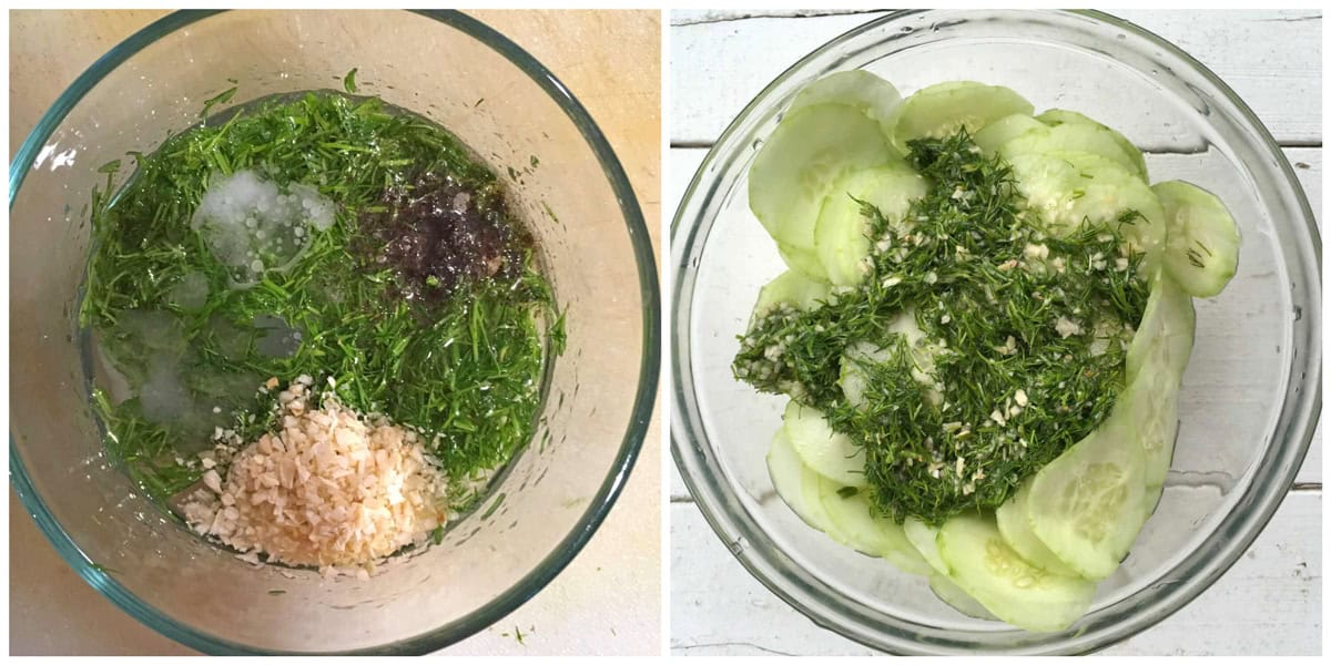 making the vinaigrette and adding it to the cucumbers