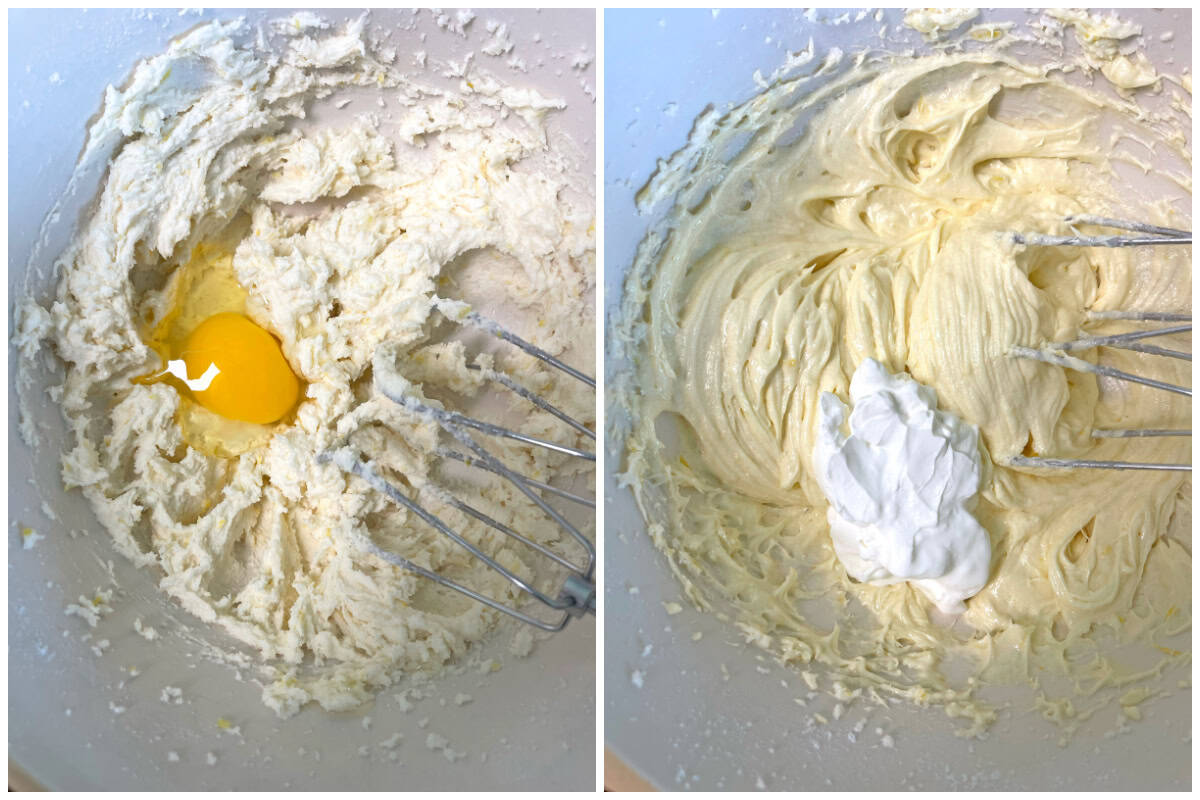 adding the egg and sour cream to the batter