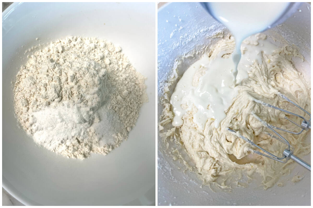 combining the dry ingredients and adding them to the batter with milk